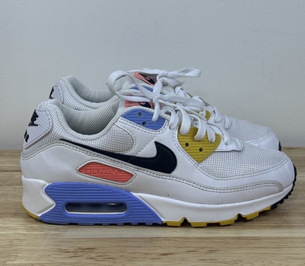 Nike Air Max 90 Womens White Multi Color Blue Yellow CZ3950-100 Size 8.5